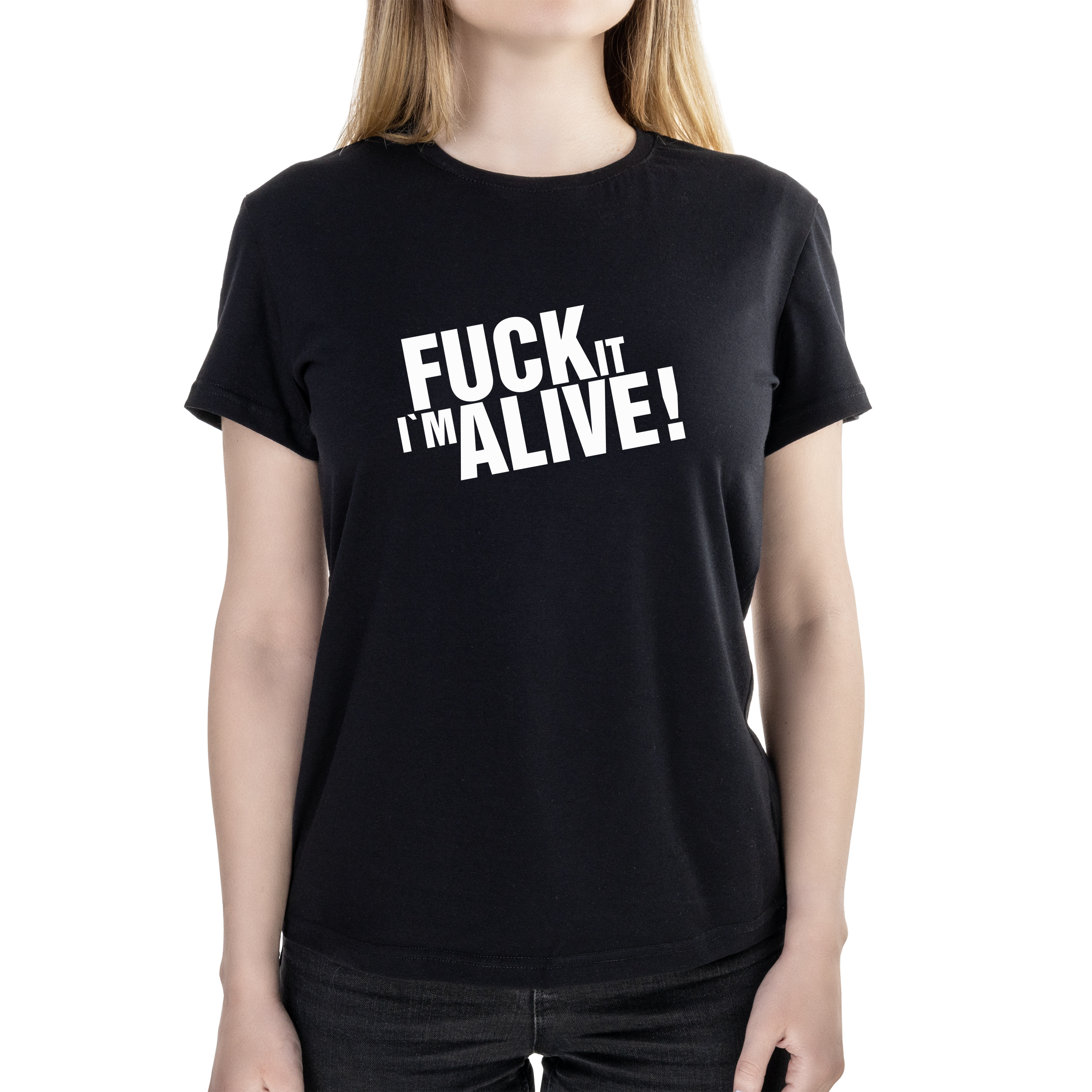 Футболка женская полуприталённая черная хлопок/эластан А4 размера Fuck it i`m alive XXXL - фото 1 - Футболки